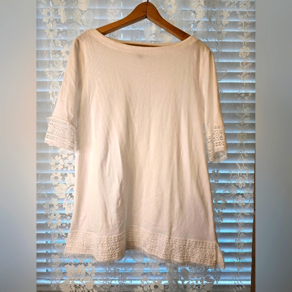 Karen Scott White Top With Embrpidered Trim, Womens Medium Shirt